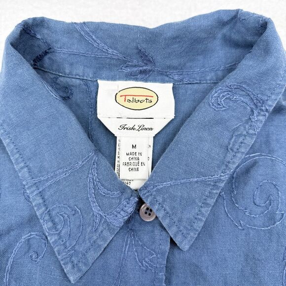 Talbots Linen Top Size Medium‎ Blue Chambray Floral Embroidered Irish Linen Boho - Picture 5 of 10